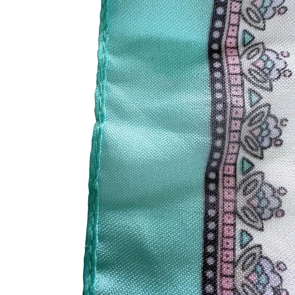 Vintage Berkshire Silken Polyester Scarf Floral Teal Border Grandmacore Coquette